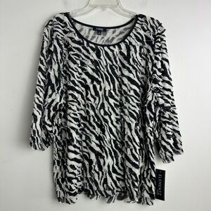 Elementz Blouse Top Womens Plus Size 3X 3/4 Sleeve Zebra Black White Ruffles NWT
